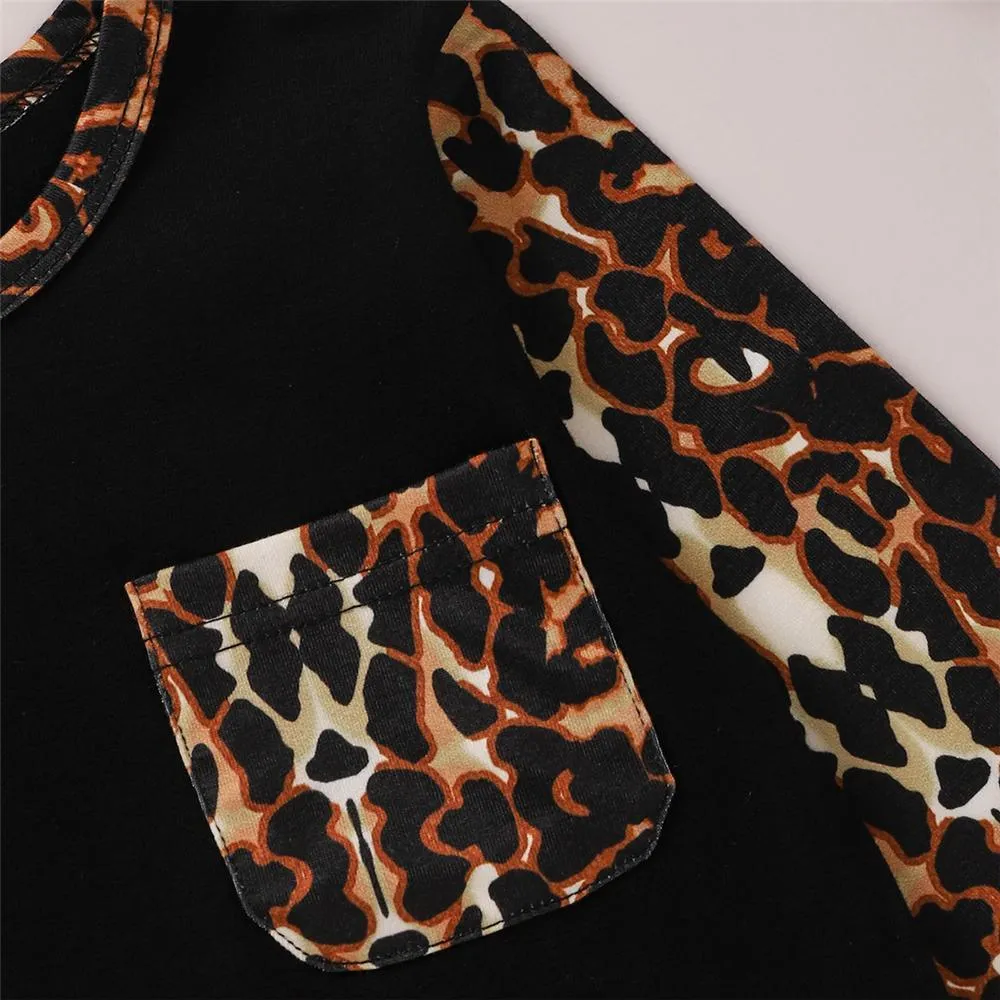 Girls Leopard Print Pockets Long Sleeve Top & Pants Kids Wholesale Clothing