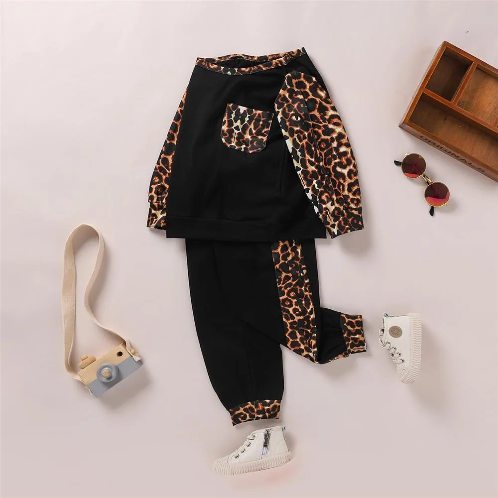 Girls Leopard Print Pockets Long Sleeve Top & Pants Kids Wholesale Clothing