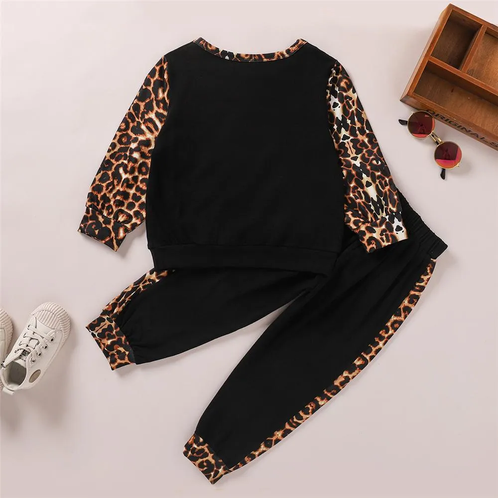Girls Leopard Print Pockets Long Sleeve Top & Pants Kids Wholesale Clothing