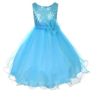 Girl's Sequin Double Mesh Flower Dress - Aqua