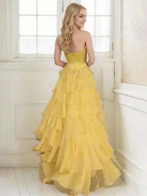 Gold Prom Dresses A Line Appliques Bodice Layers Prom Dress