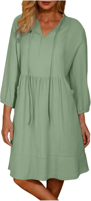 hlysgo Women's Mini Dress with Pockets 2025 Summer Casual 3/4 Sleeve V Neck Short Dress Trendy Knee Length Going Out Dresses