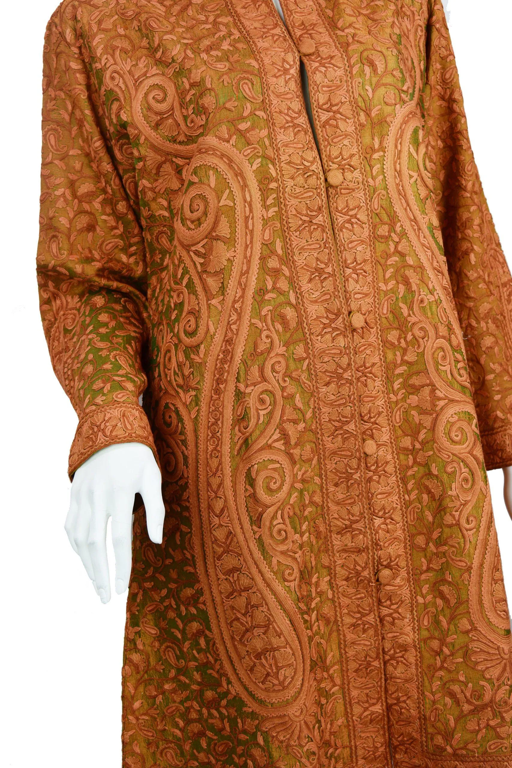 Idyia Iridescent Green Rust Silk Jacket Dinner Paisley Floral Evening Dress Coat Hand Embroidered Kashmir