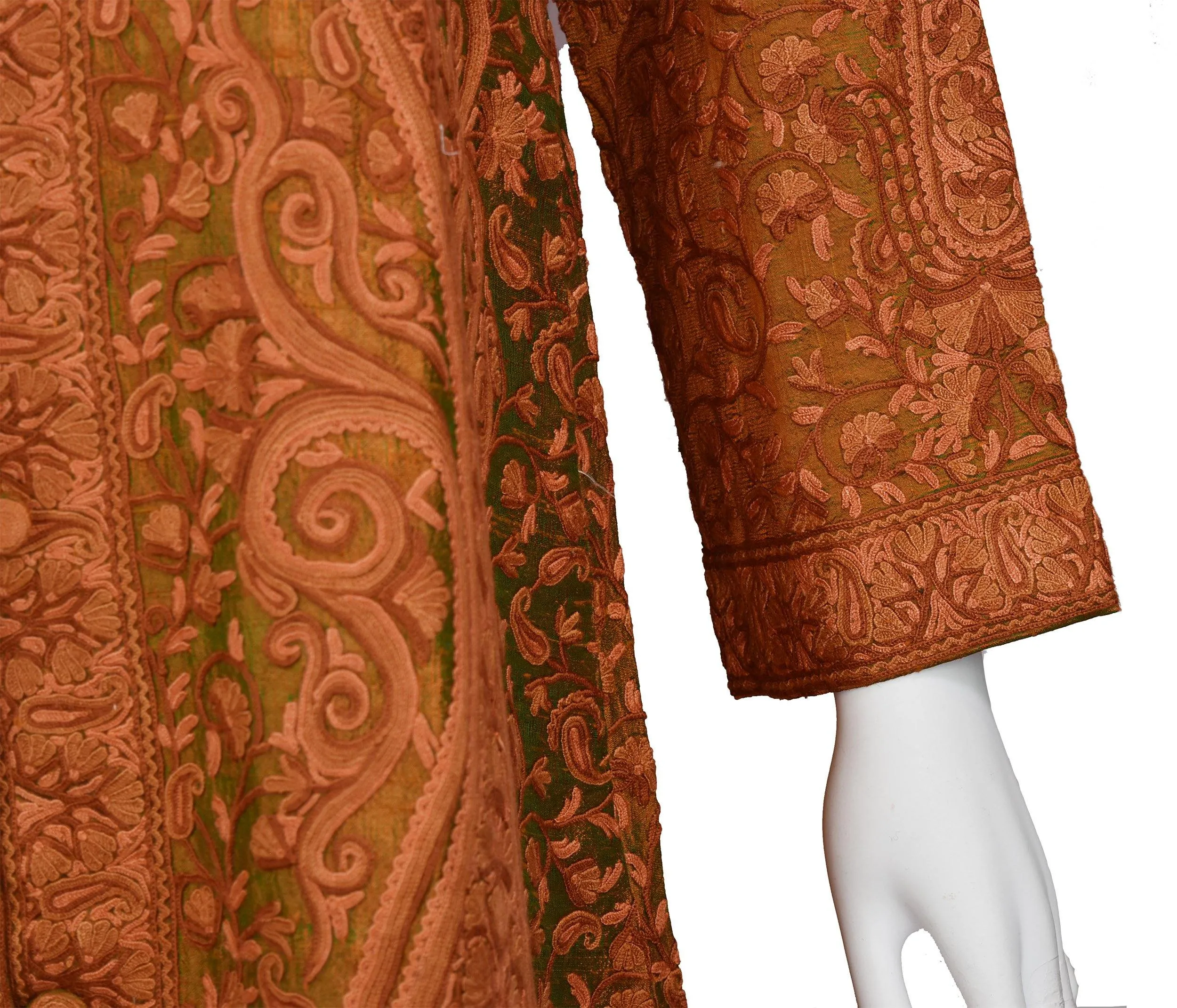 Idyia Iridescent Green Rust Silk Jacket Dinner Paisley Floral Evening Dress Coat Hand Embroidered Kashmir
