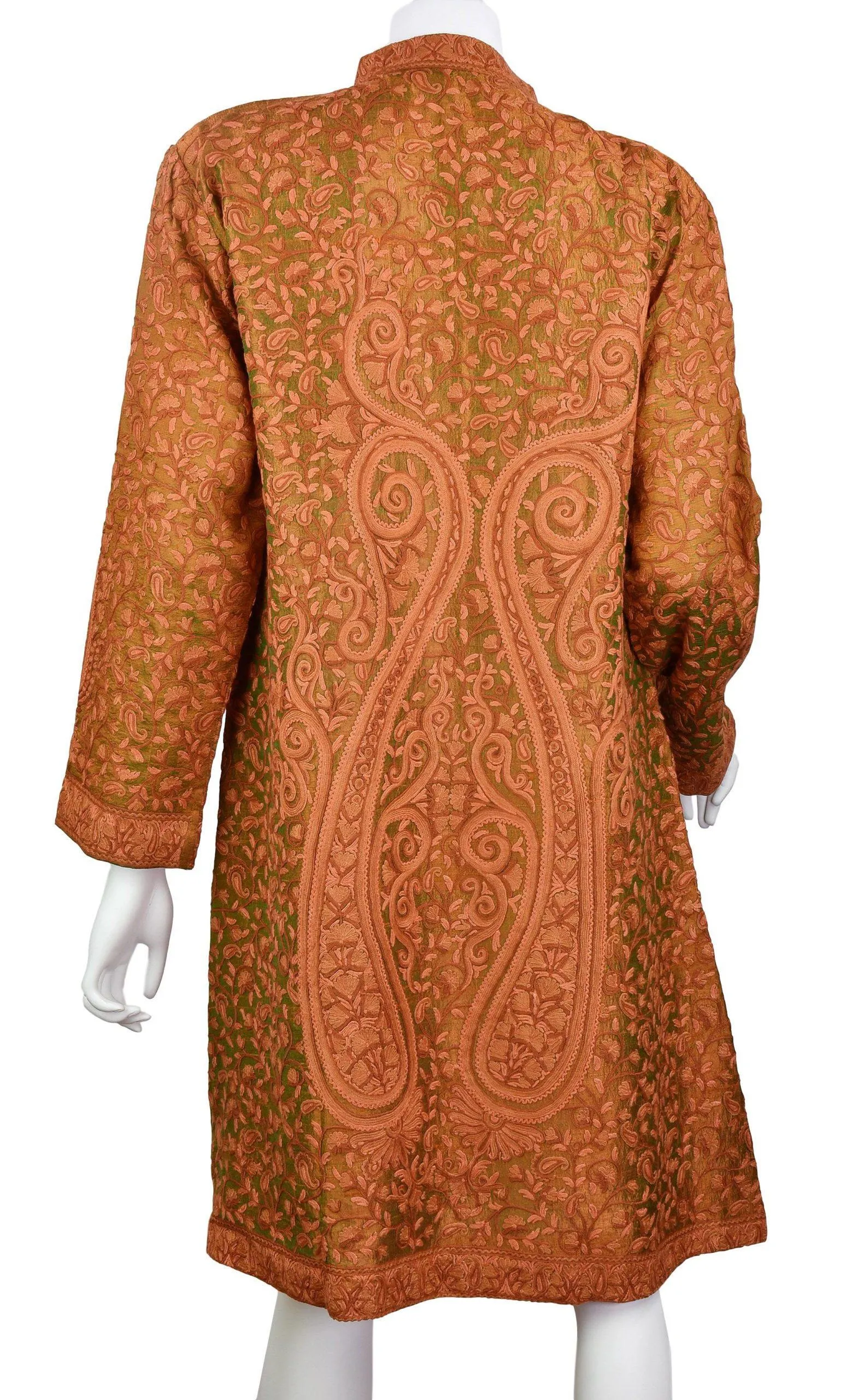 Idyia Iridescent Green Rust Silk Jacket Dinner Paisley Floral Evening Dress Coat Hand Embroidered Kashmir