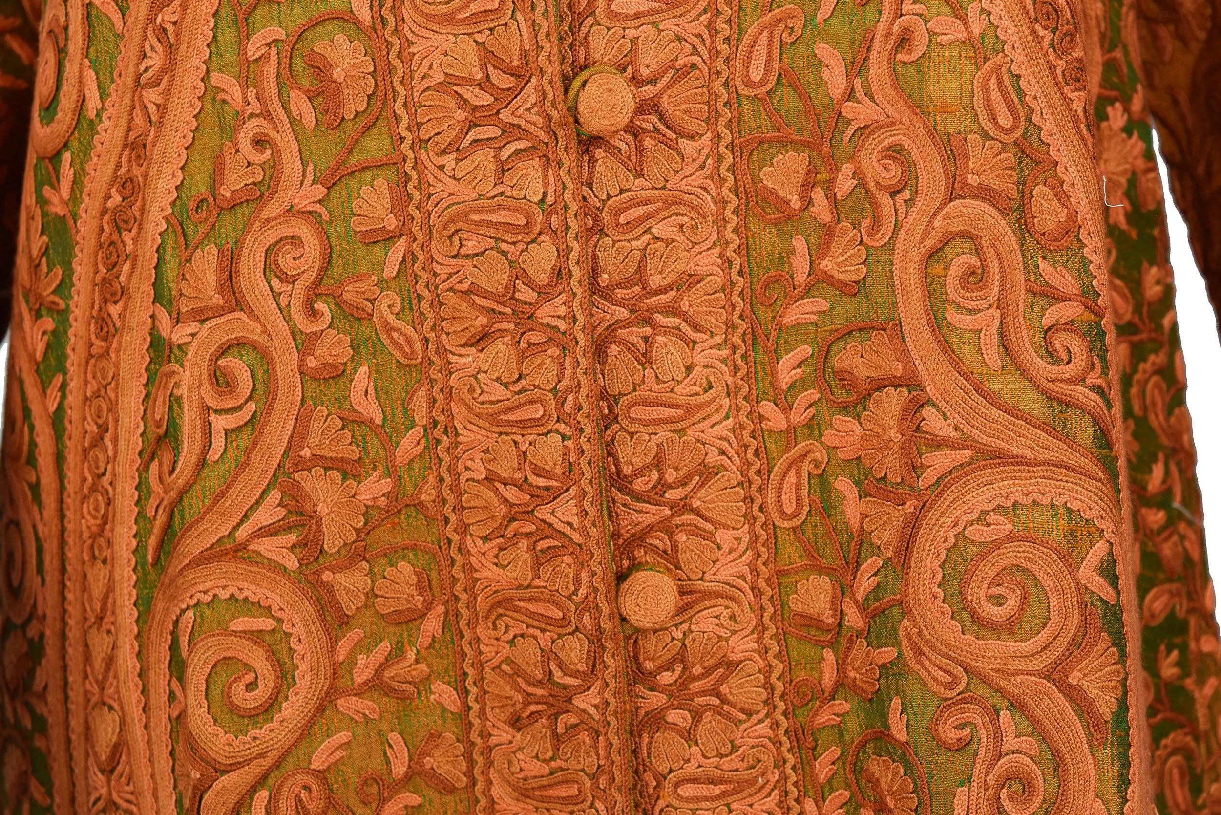Idyia Iridescent Green Rust Silk Jacket Dinner Paisley Floral Evening Dress Coat Hand Embroidered Kashmir
