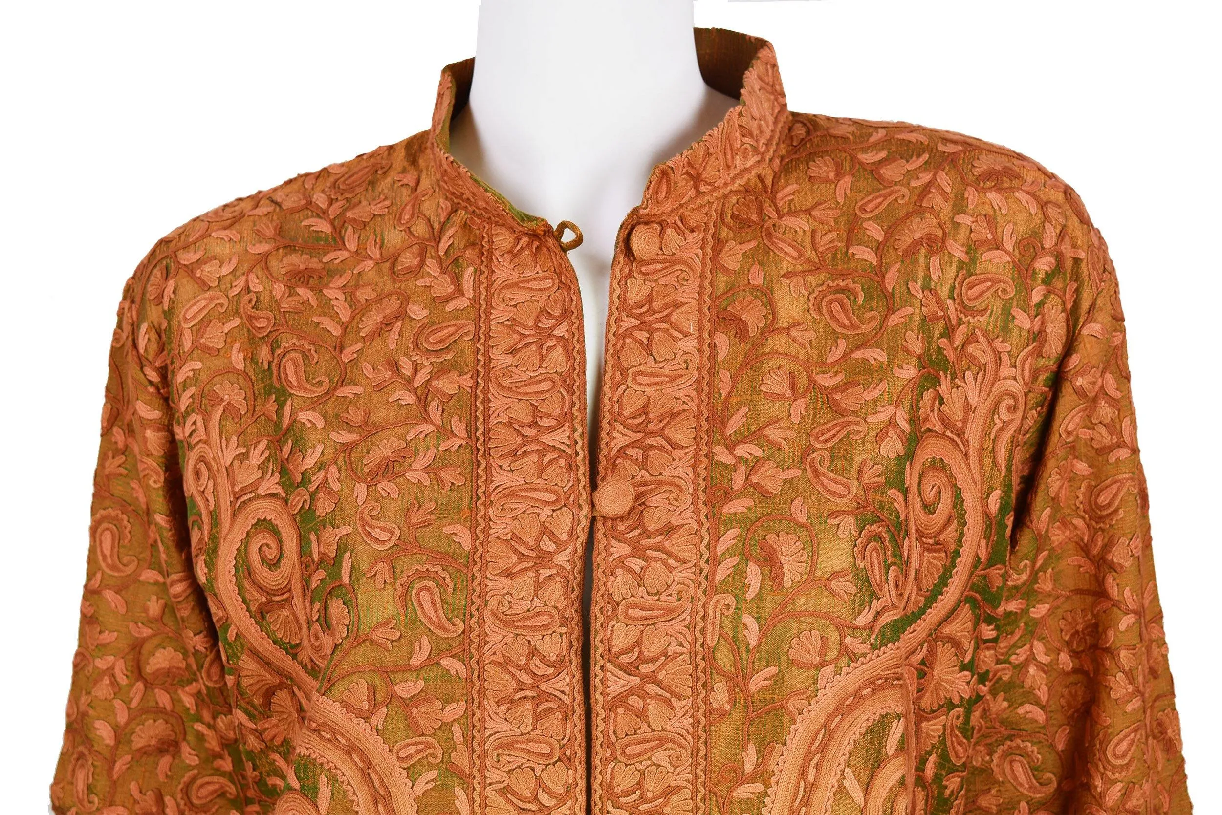 Idyia Iridescent Green Rust Silk Jacket Dinner Paisley Floral Evening Dress Coat Hand Embroidered Kashmir