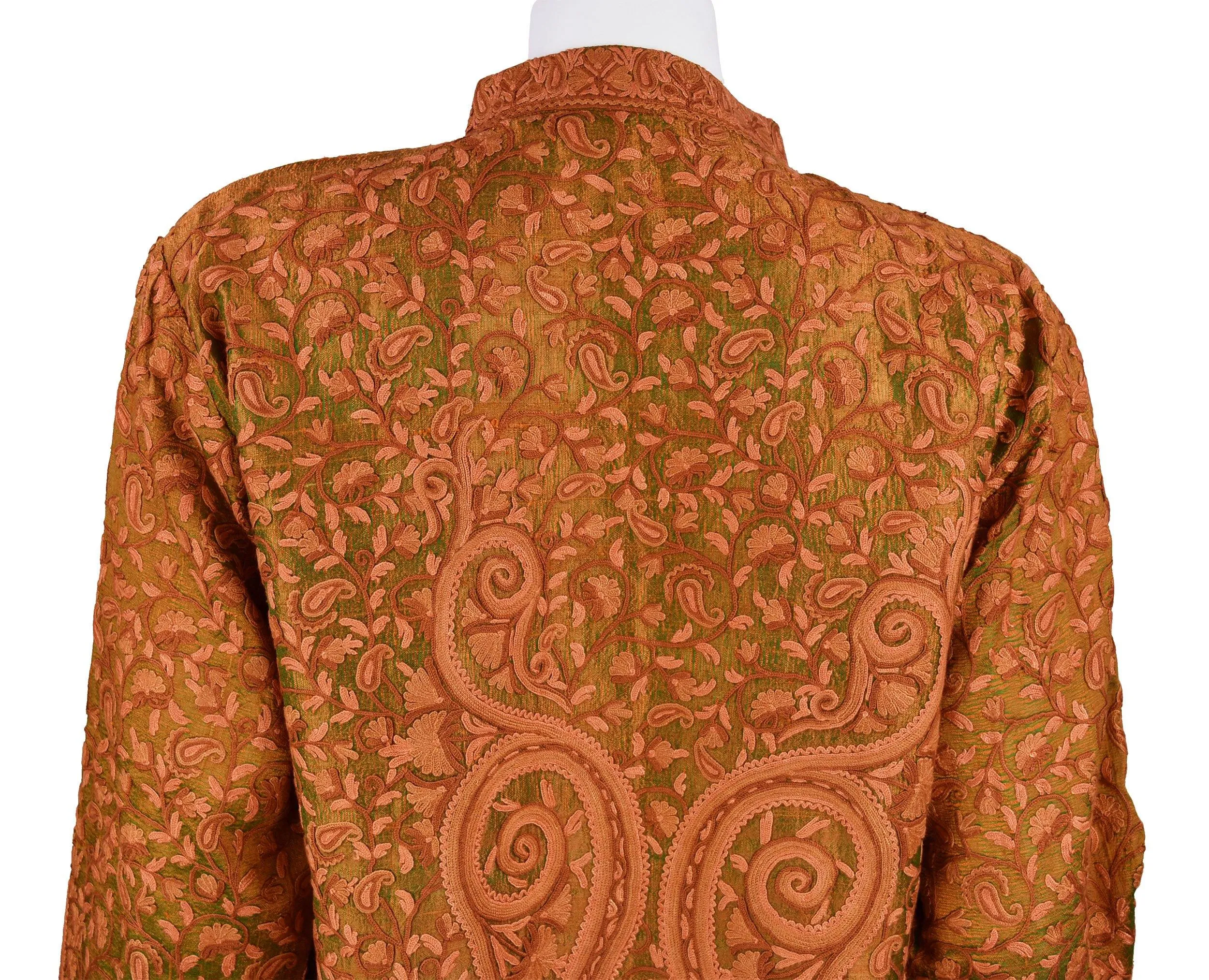 Idyia Iridescent Green Rust Silk Jacket Dinner Paisley Floral Evening Dress Coat Hand Embroidered Kashmir