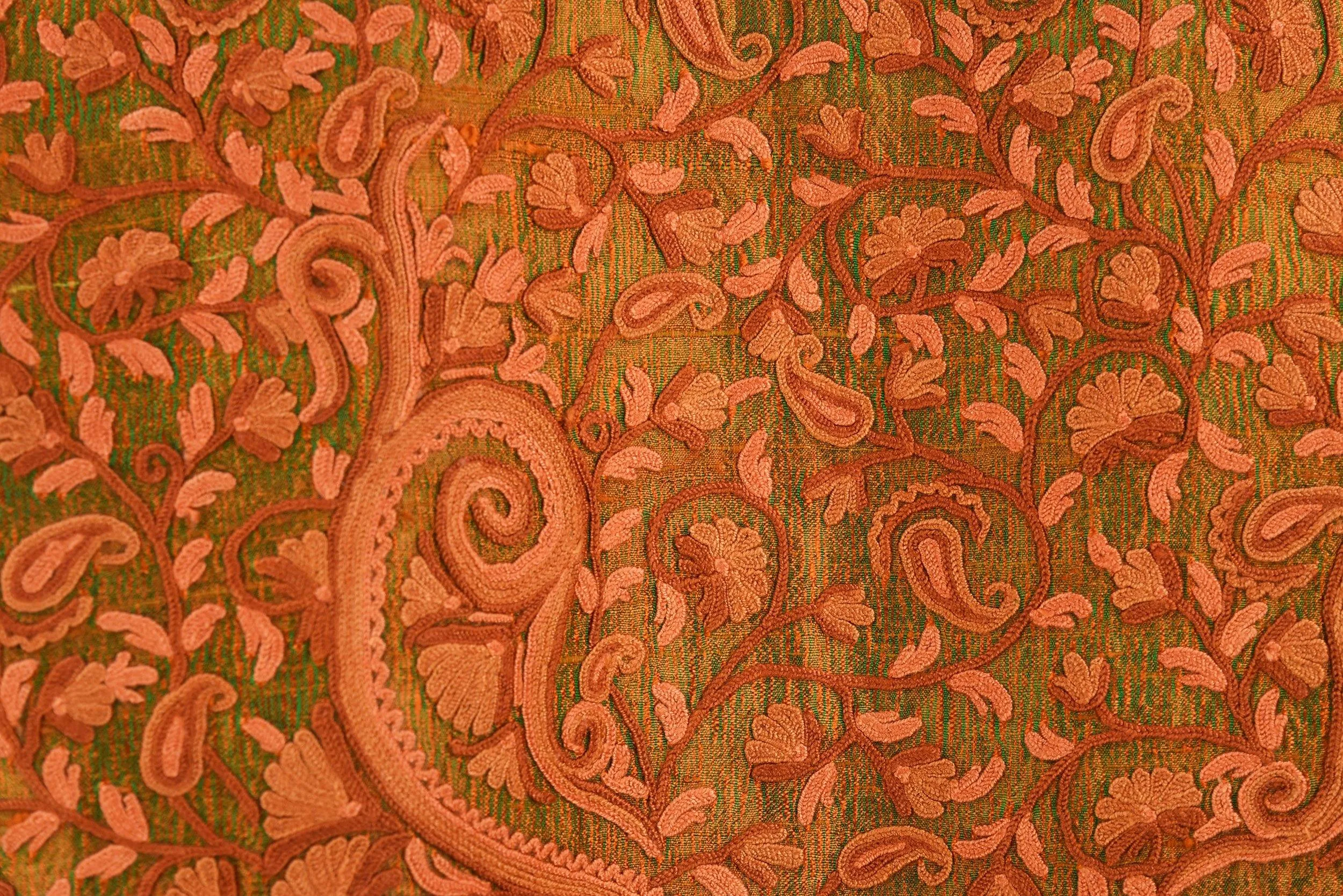 Idyia Iridescent Green Rust Silk Jacket Dinner Paisley Floral Evening Dress Coat Hand Embroidered Kashmir