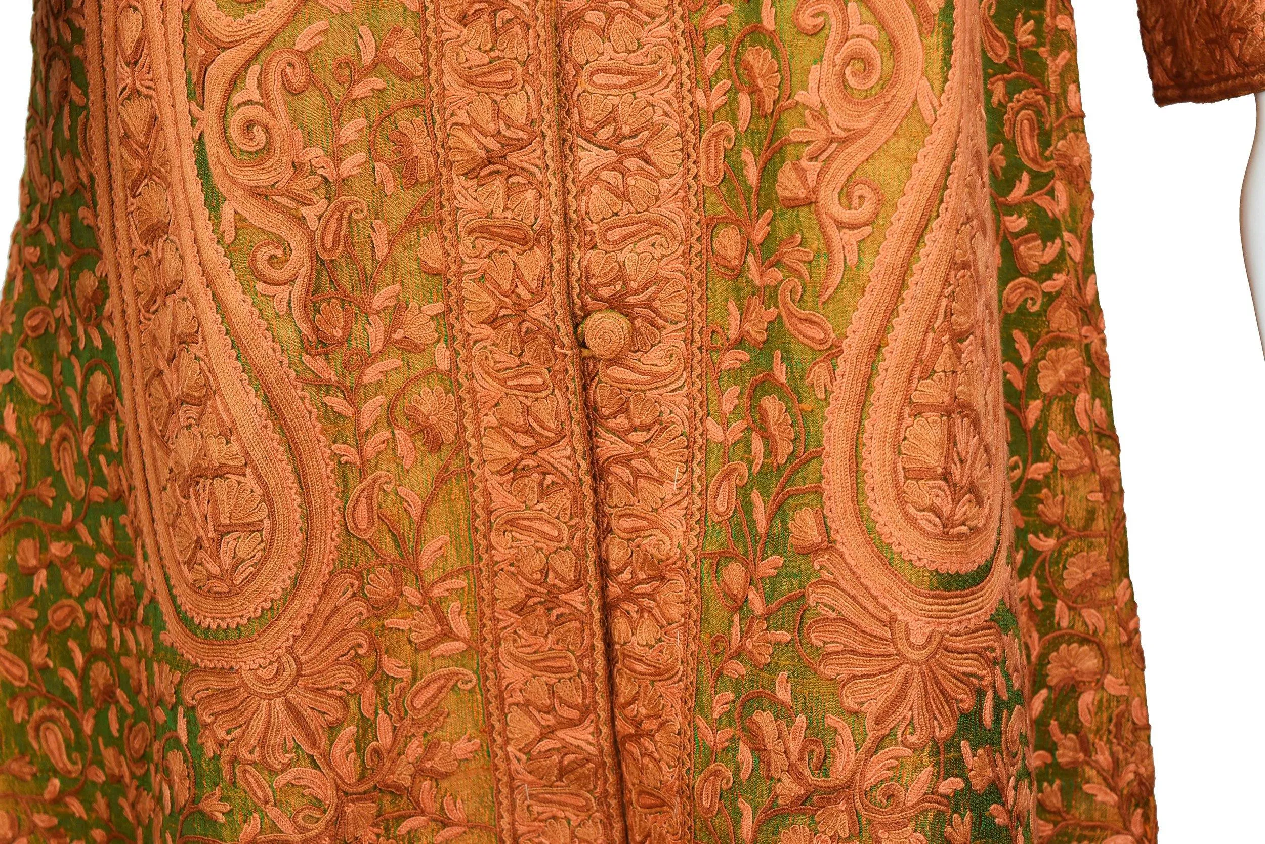 Idyia Iridescent Green Rust Silk Jacket Dinner Paisley Floral Evening Dress Coat Hand Embroidered Kashmir