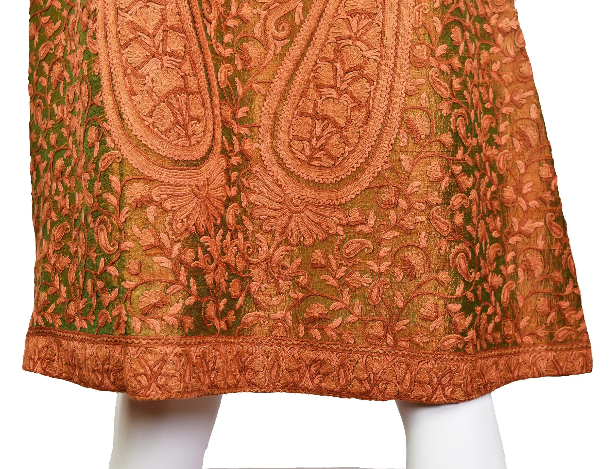 Idyia Iridescent Green Rust Silk Jacket Dinner Paisley Floral Evening Dress Coat Hand Embroidered Kashmir