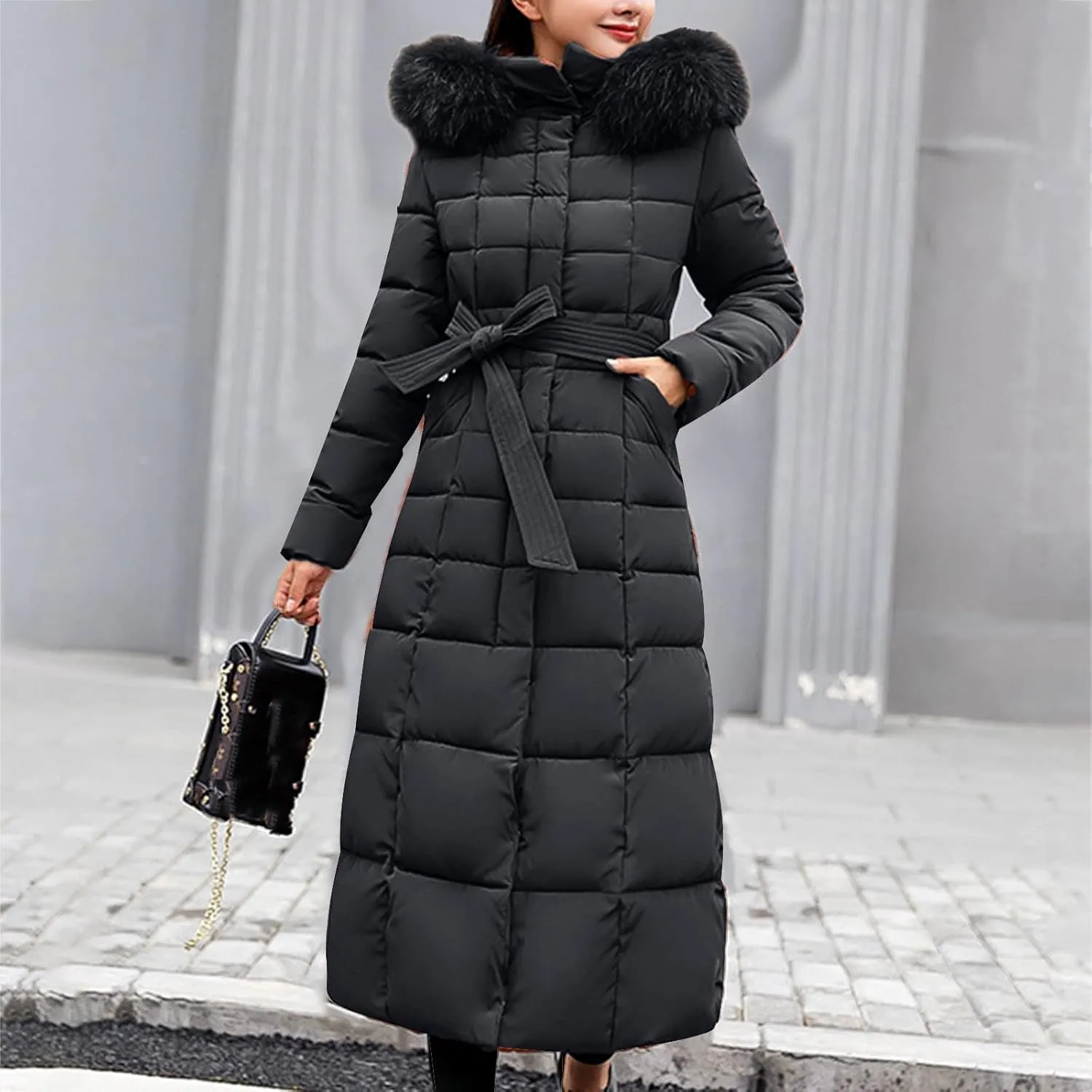 Long Jacket Women Fur Collar Lace Up Cotton Parkas Coat Classic Winter 2023 Warm with Hood Military Utility Jackets