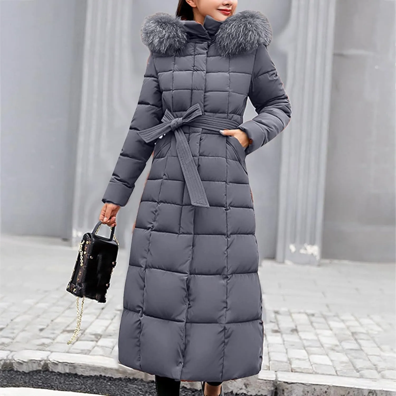Long Jacket Women Fur Collar Lace Up Cotton Parkas Coat Classic Winter 2023 Warm with Hood Military Utility Jackets