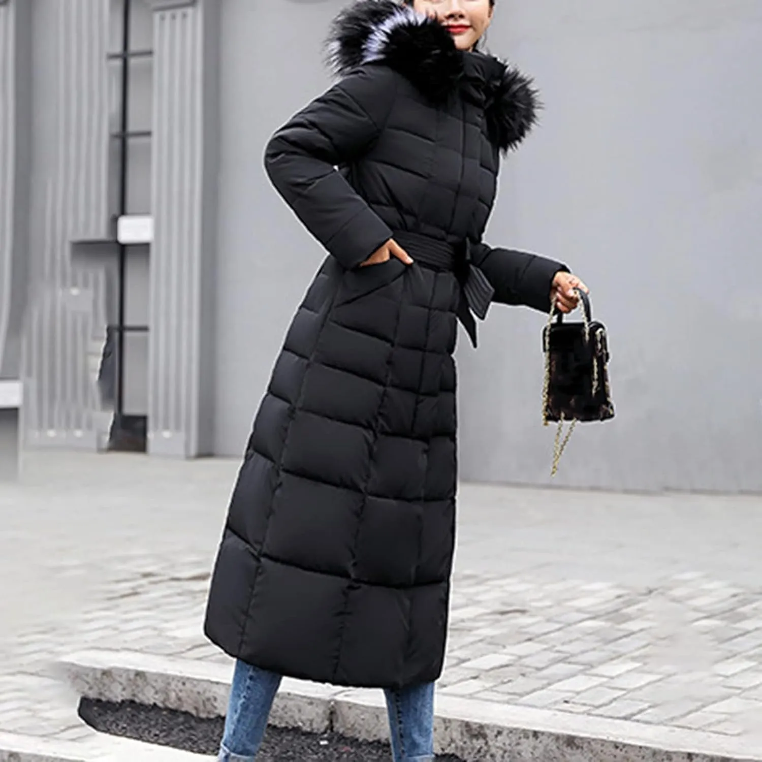 Long Jacket Women Fur Collar Lace Up Cotton Parkas Coat Classic Winter 2023 Warm with Hood Military Utility Jackets