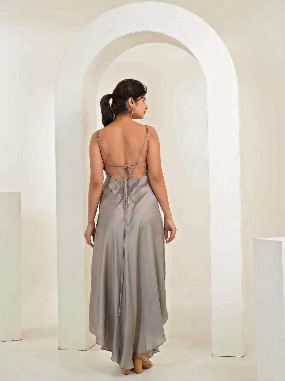 Macy Grey Satin Strappy Maxi Dress