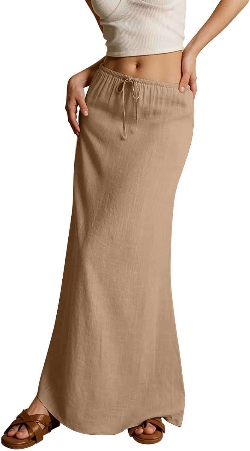 Maxi Skirts for Women Womens Trendy Summer Comfy Drawstring Waist A Line Skirts Cute Vacation Long Flowy Skirt