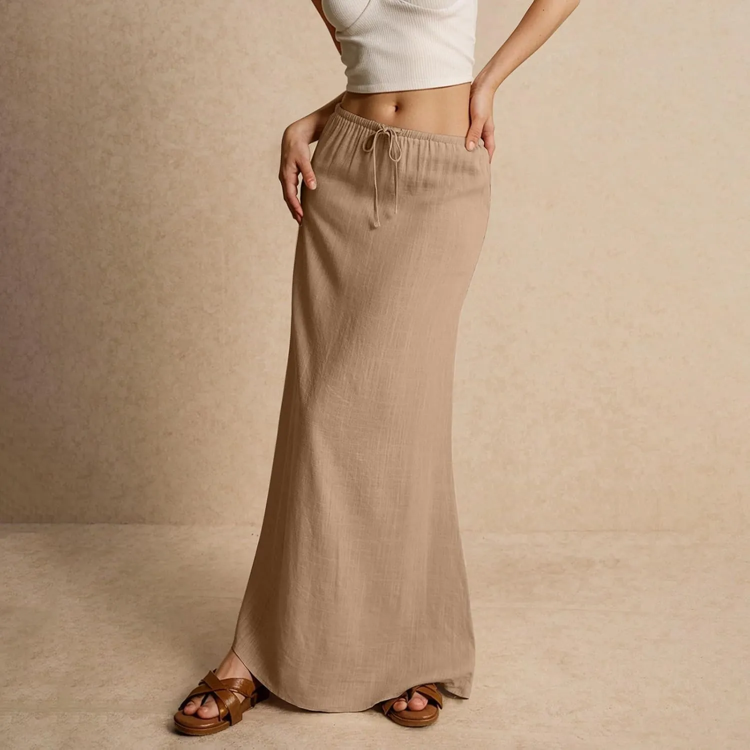 Maxi Skirts for Women Womens Trendy Summer Comfy Drawstring Waist A Line Skirts Cute Vacation Long Flowy Skirt