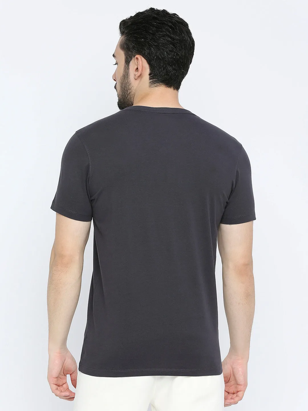 Men Premium Slate Grey Cotton V Neck T-Shirt- Underjeans By Spykar
