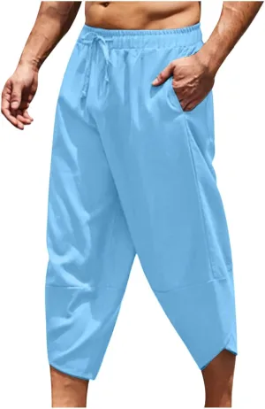 Mens Linen Pants Casual Pants Relaxed-Fit Beach Trousers Summer Yoga Pants Drawstring Elastic Waist Pants