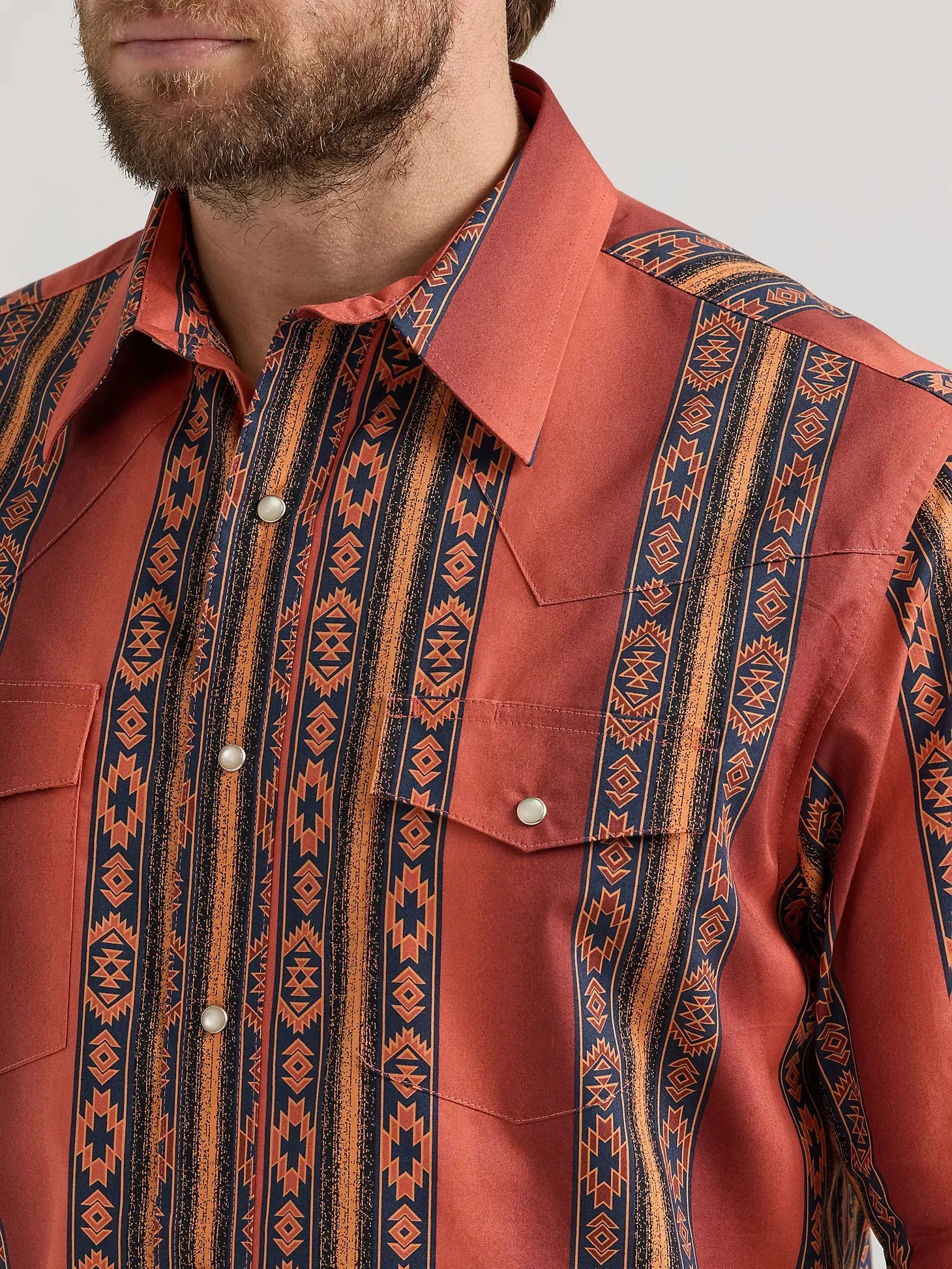 Men's Wrangler Checotah Rust Aztec Print Snap Shirt