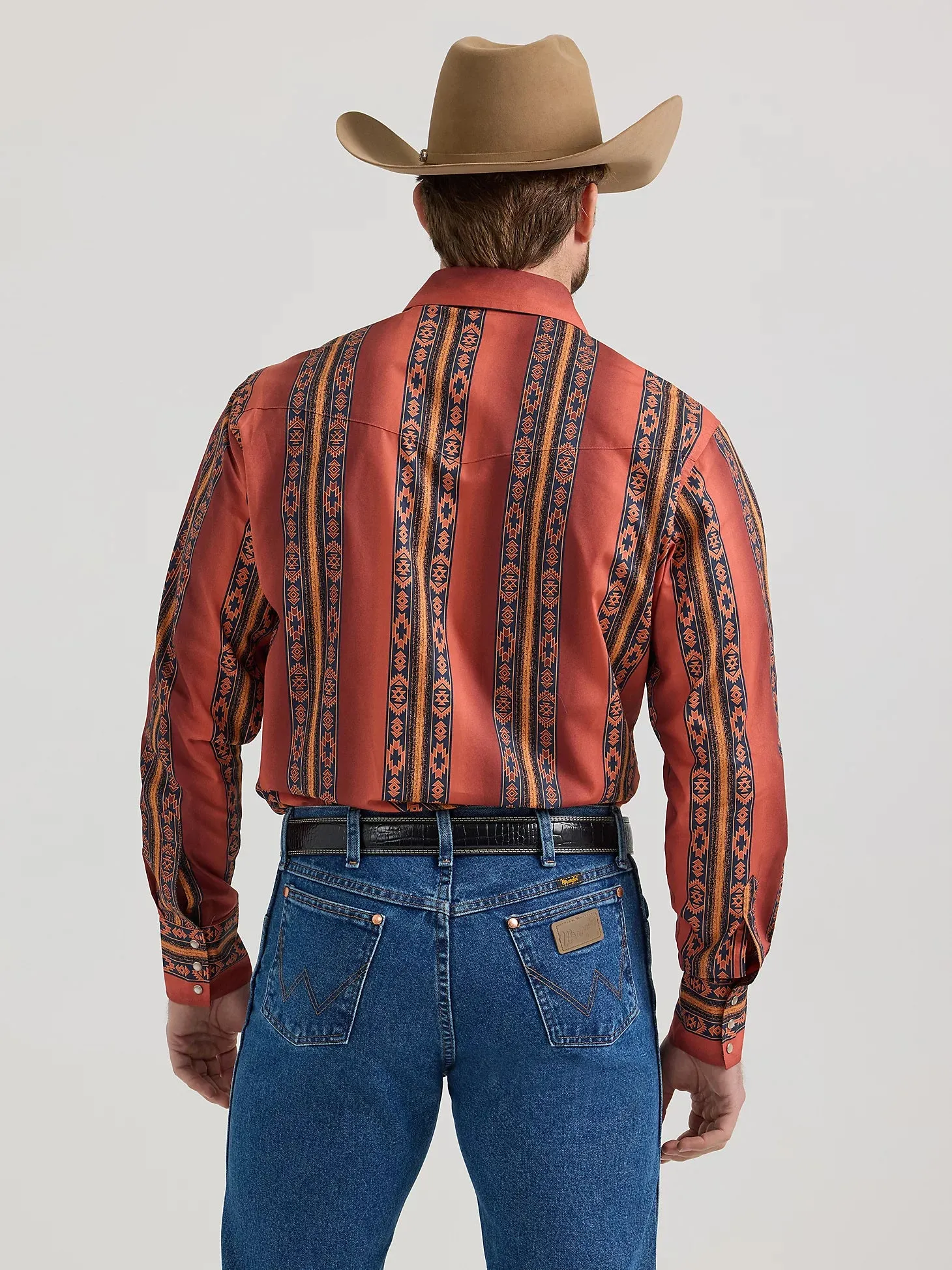 Men's Wrangler Checotah Rust Aztec Print Snap Shirt