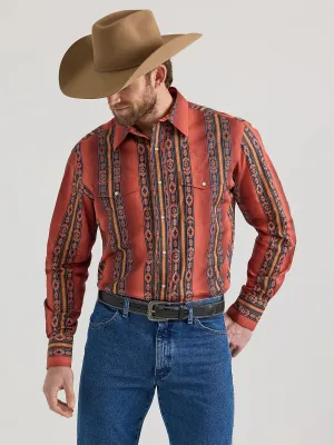 Men's Wrangler Checotah Rust Aztec Print Snap Shirt