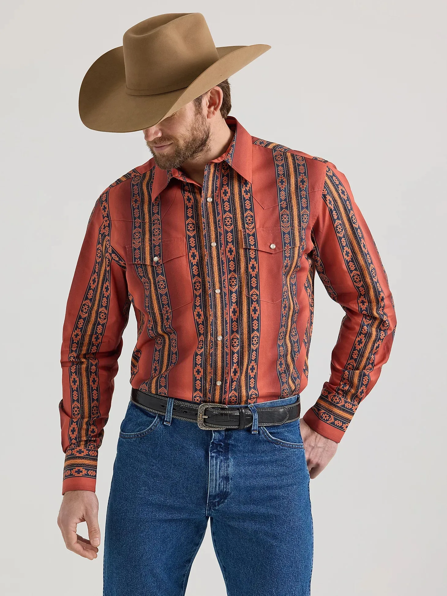 Men's Wrangler Checotah Rust Aztec Print Snap Shirt