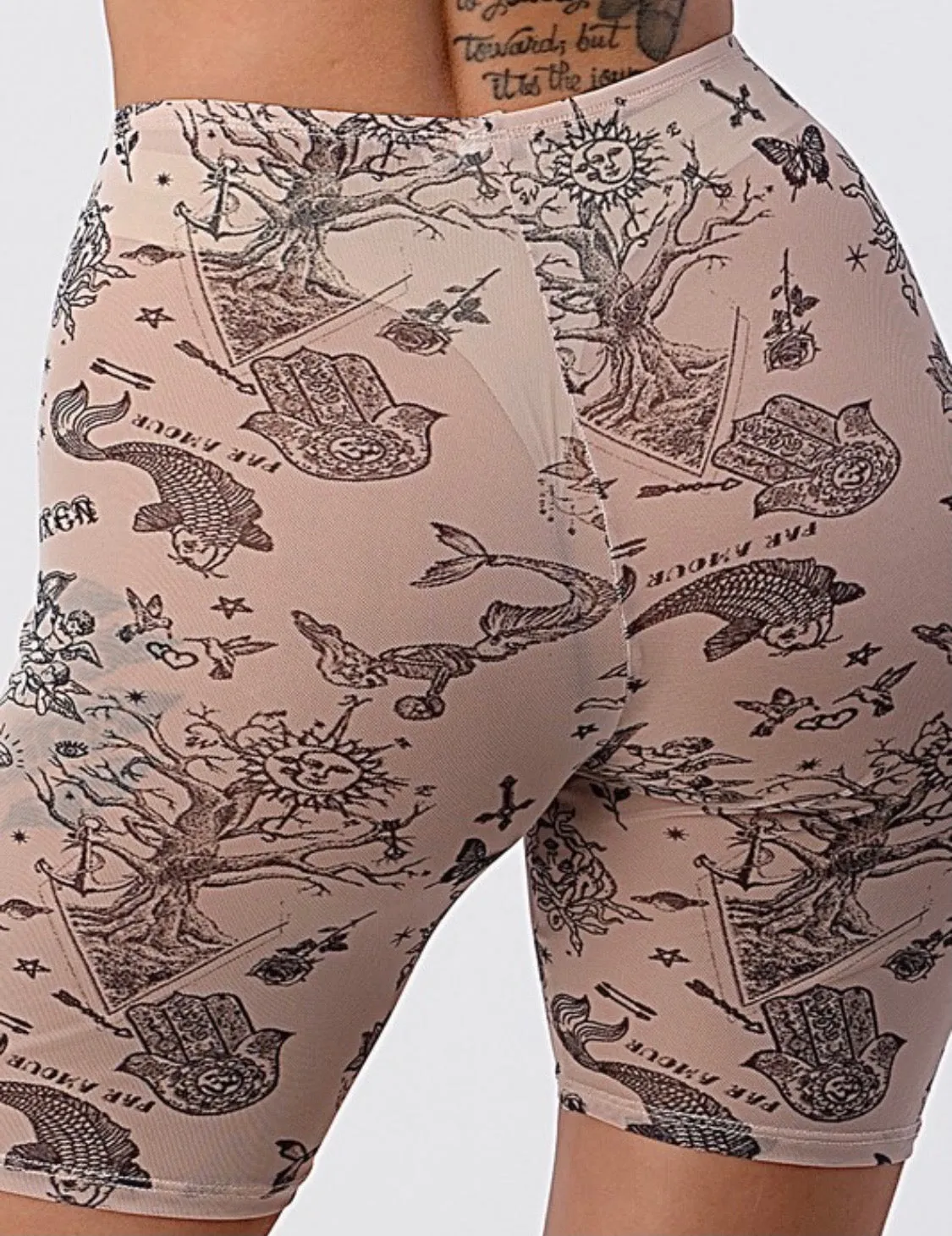 Mesh Tattoo Print Bike Shorts