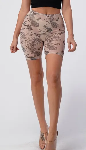 Mesh Tattoo Print Bike Shorts