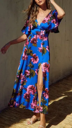 MIDNIGHT FLORAL Flutter Sleeve Plunging Dress