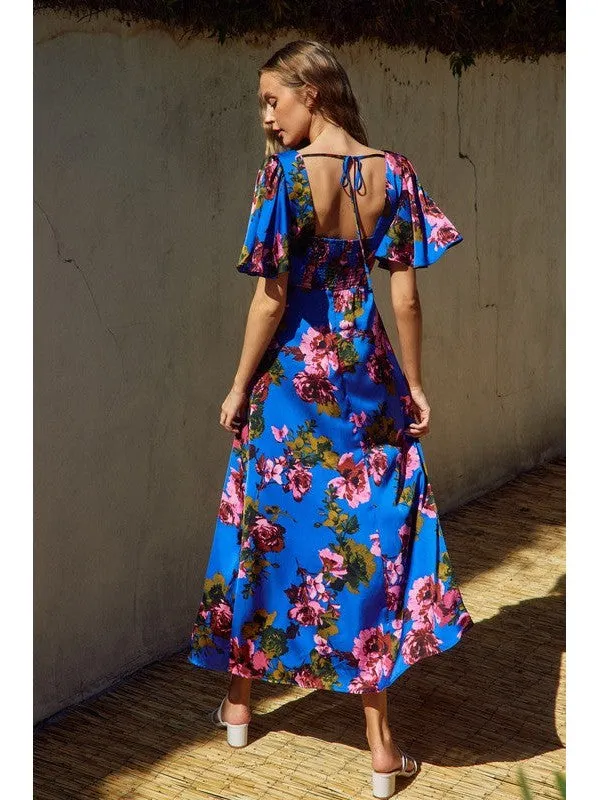 MIDNIGHT FLORAL Flutter Sleeve Plunging Dress