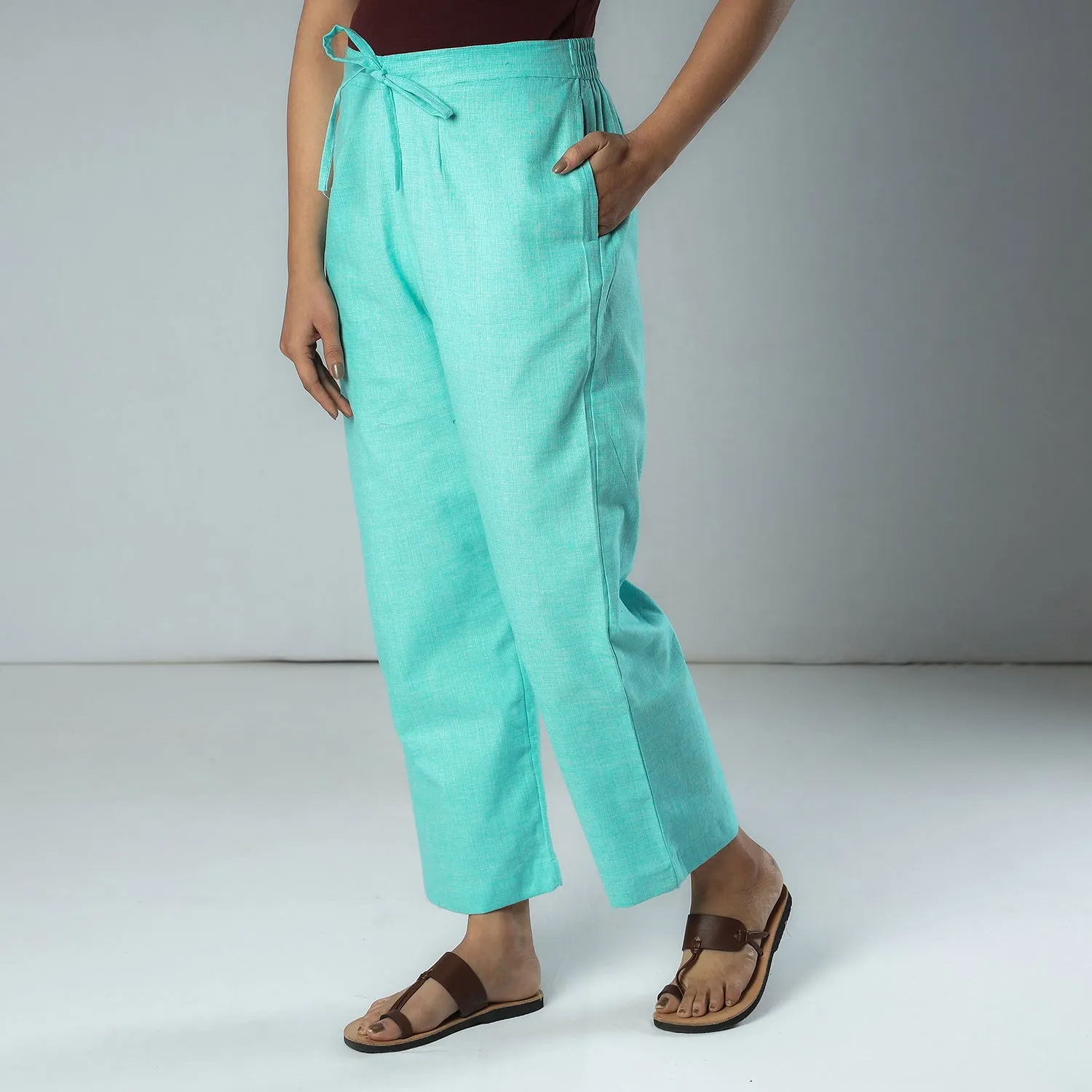Mint Blue - Texture Plain Dyed Cotton Relaxed Fit Pant