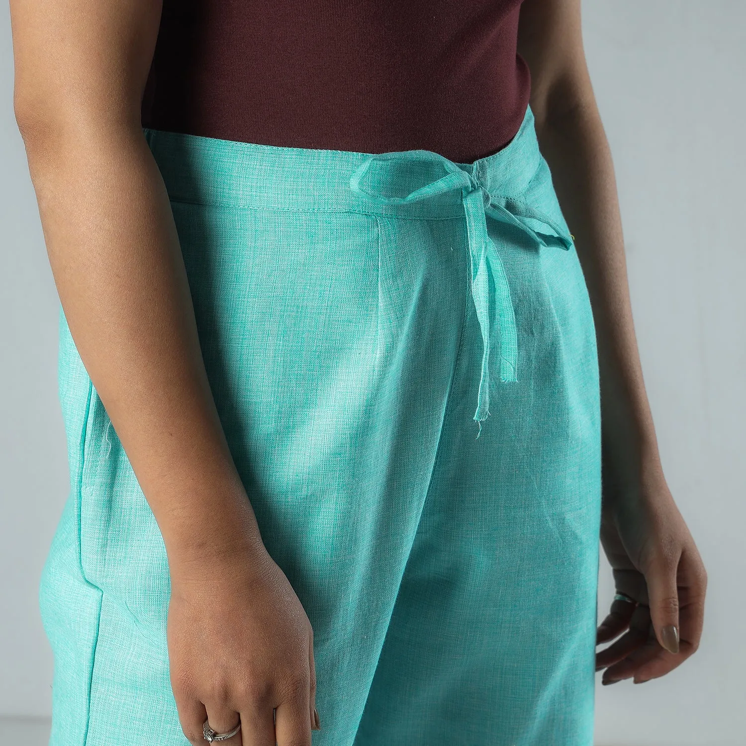Mint Blue - Texture Plain Dyed Cotton Relaxed Fit Pant