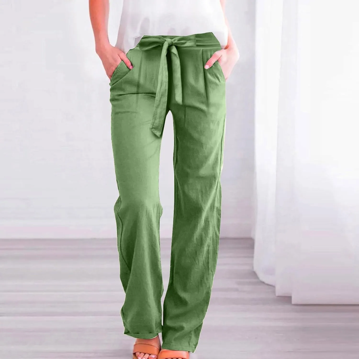 NBXNZWF Women's Cotton Linen Pants Casual Straight Leg Trousers Elastic Waist Lightweight Relaxed Fit Pants with Pockets