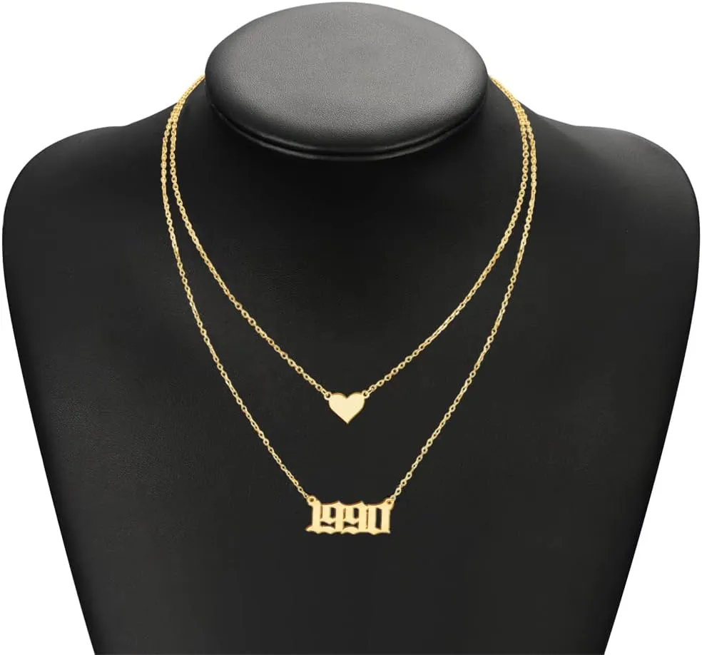 Novgarden 18K Gold Plated Birth Year Initial Necklace with Heart, Old English Lucky Number Choker Personalized Letter Necklace Layer Pendant Charm Gift for Women, Best Friend