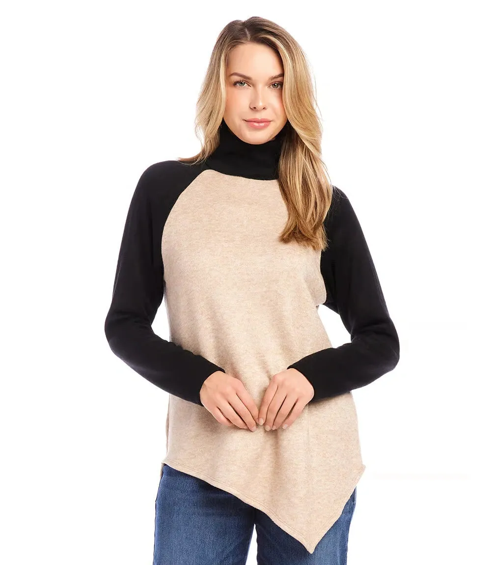 Orion Oatmeal with Black Asymmetric Turtleneck Top - Karen Kane 4L57503