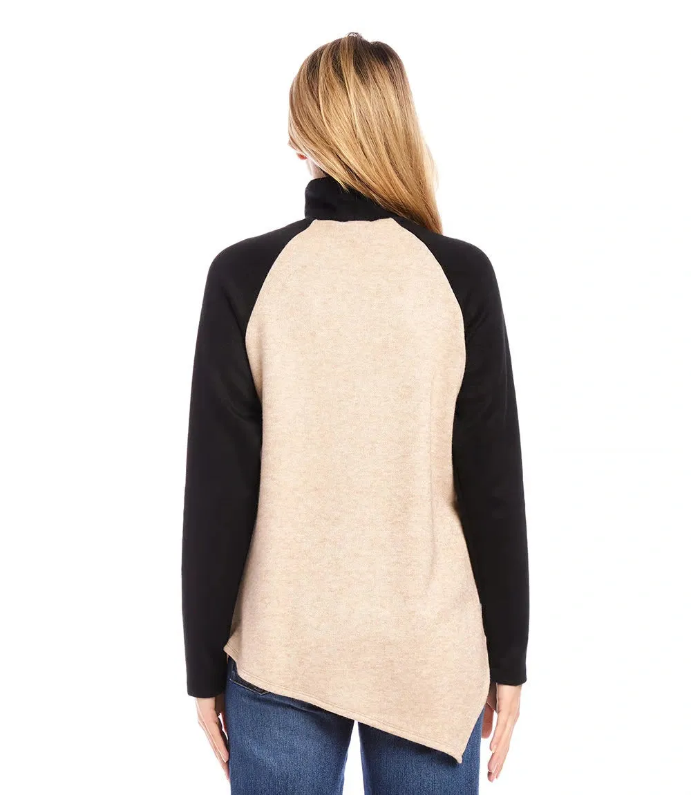 Orion Oatmeal with Black Asymmetric Turtleneck Top - Karen Kane 4L57503