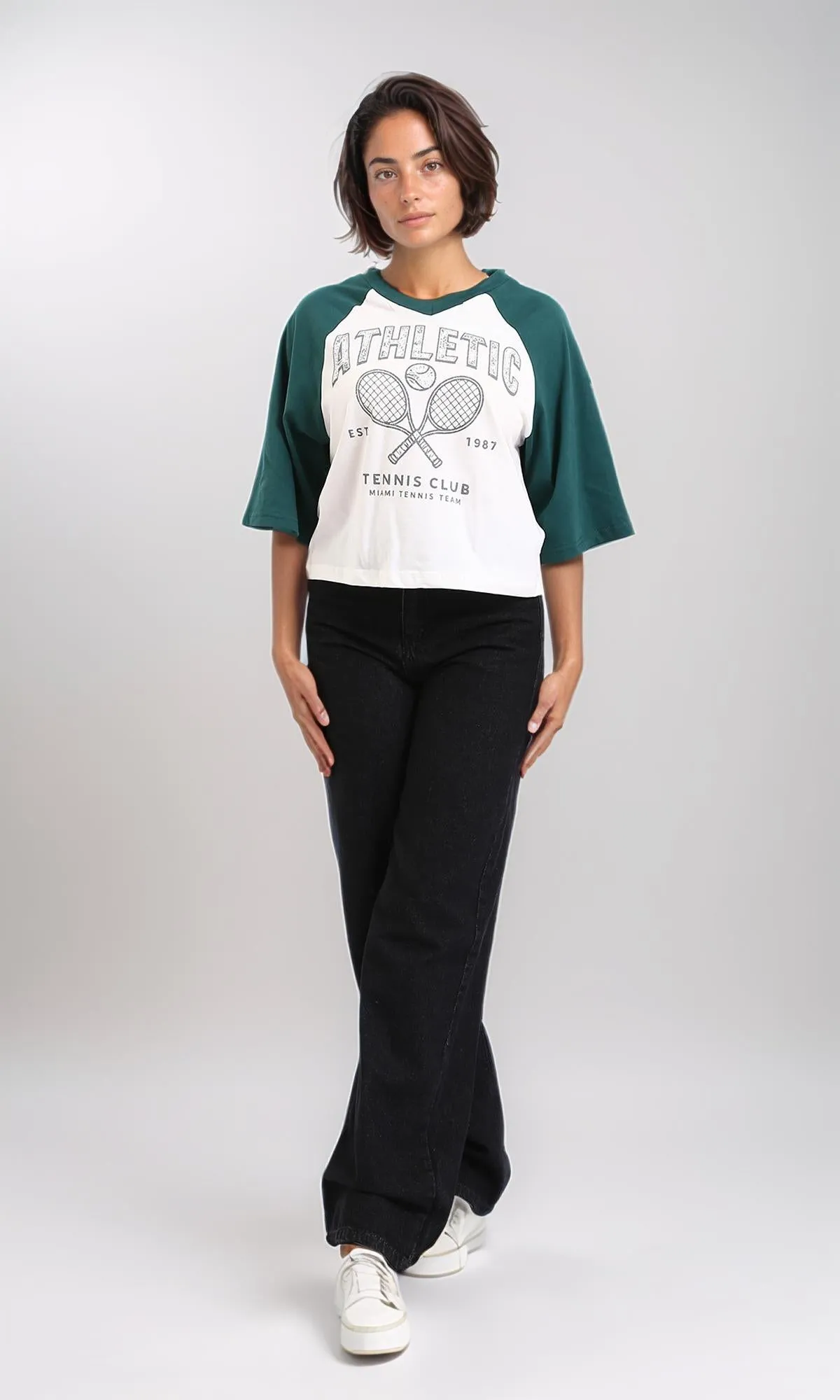 R208132-Bi-Tone V-Neck Printed Tee - Dark Green & White