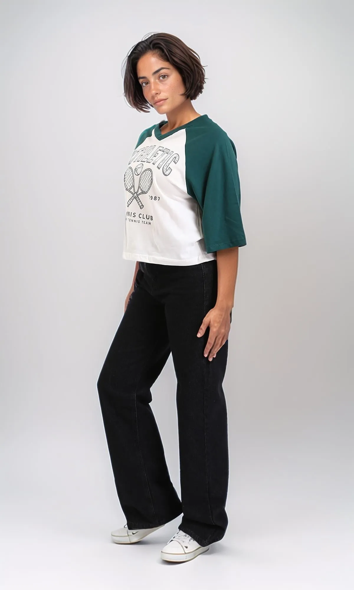 R208132-Bi-Tone V-Neck Printed Tee - Dark Green & White