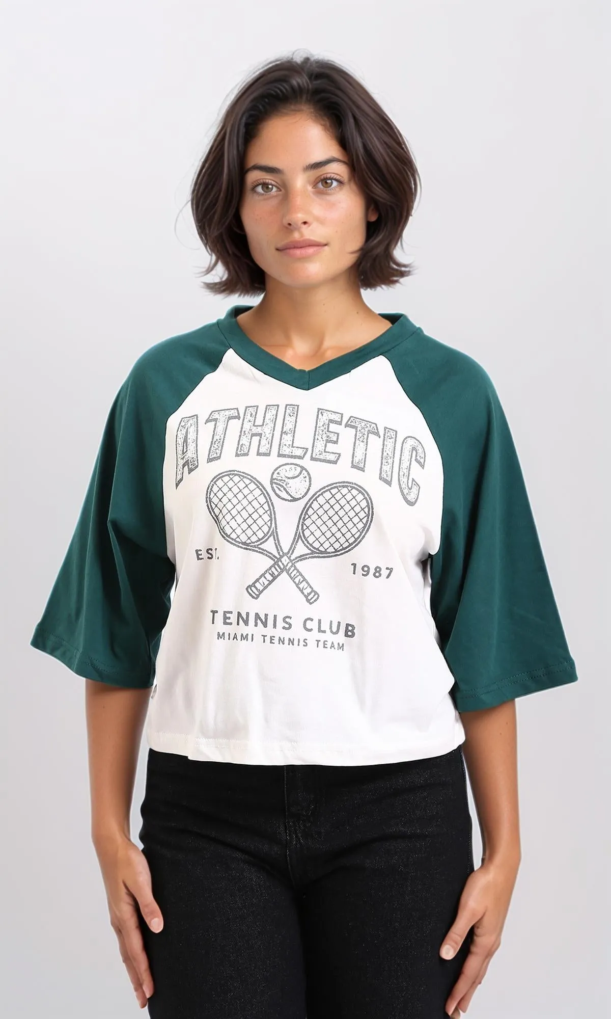 R208132-Bi-Tone V-Neck Printed Tee - Dark Green & White