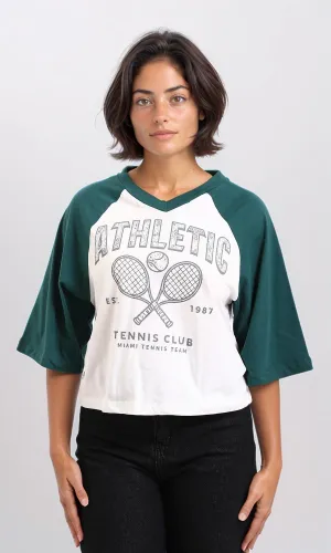 R208132-Bi-Tone V-Neck Printed Tee - Dark Green & White