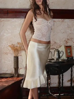 Satin Pleated Stylish Trim Midi Skirt