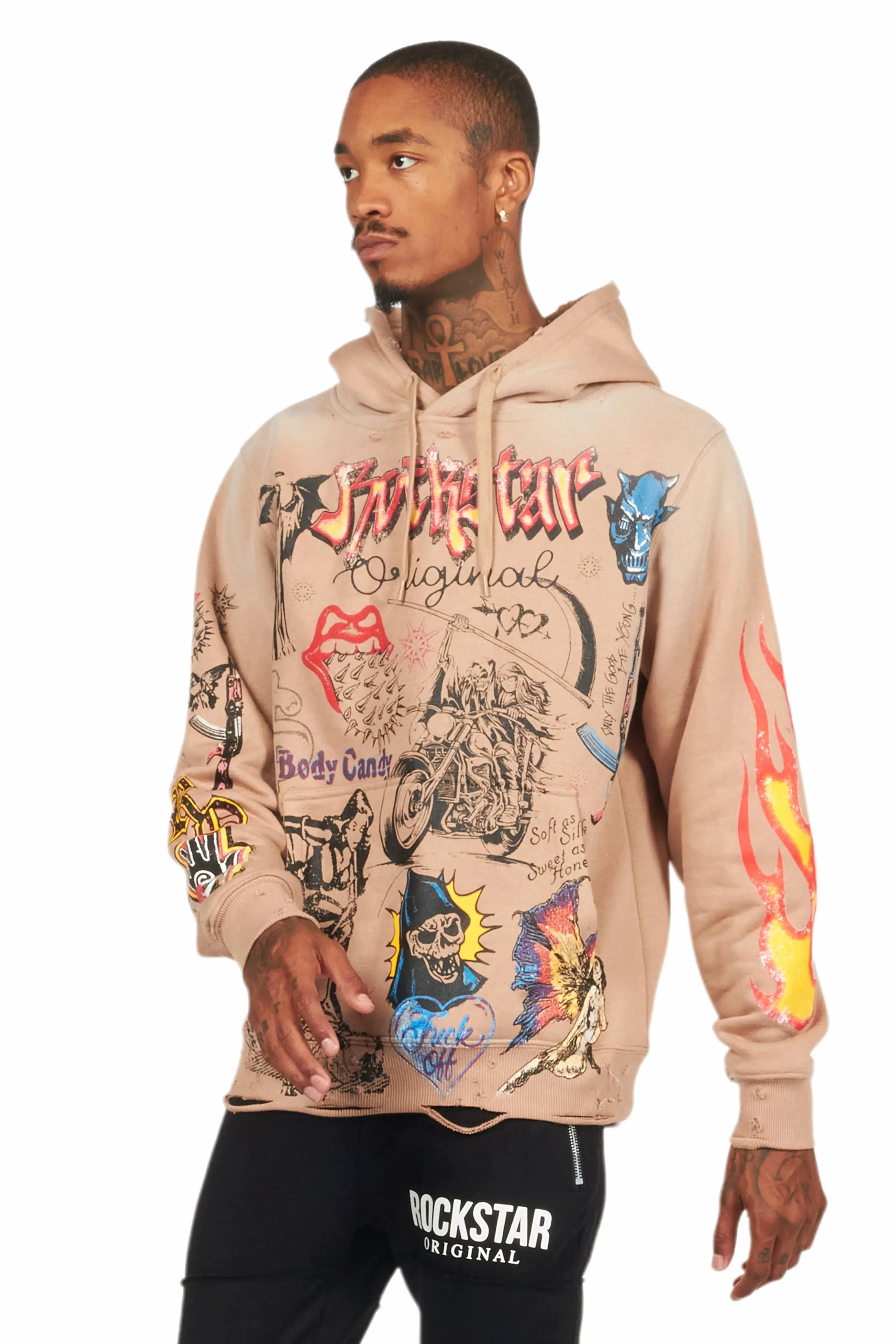Shoota Beige Distressed Graphic Hoodie