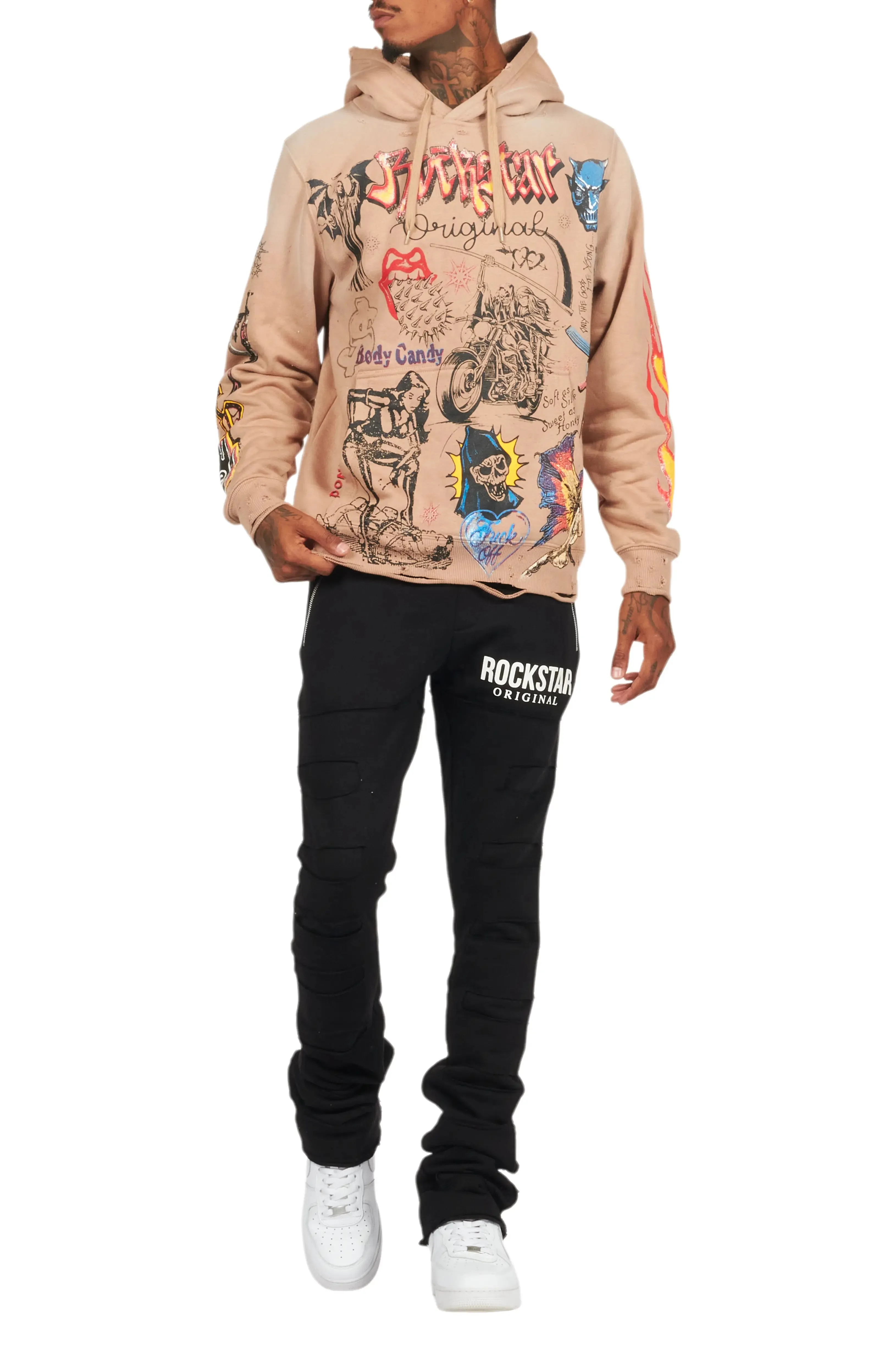 Shoota Beige Distressed Graphic Hoodie