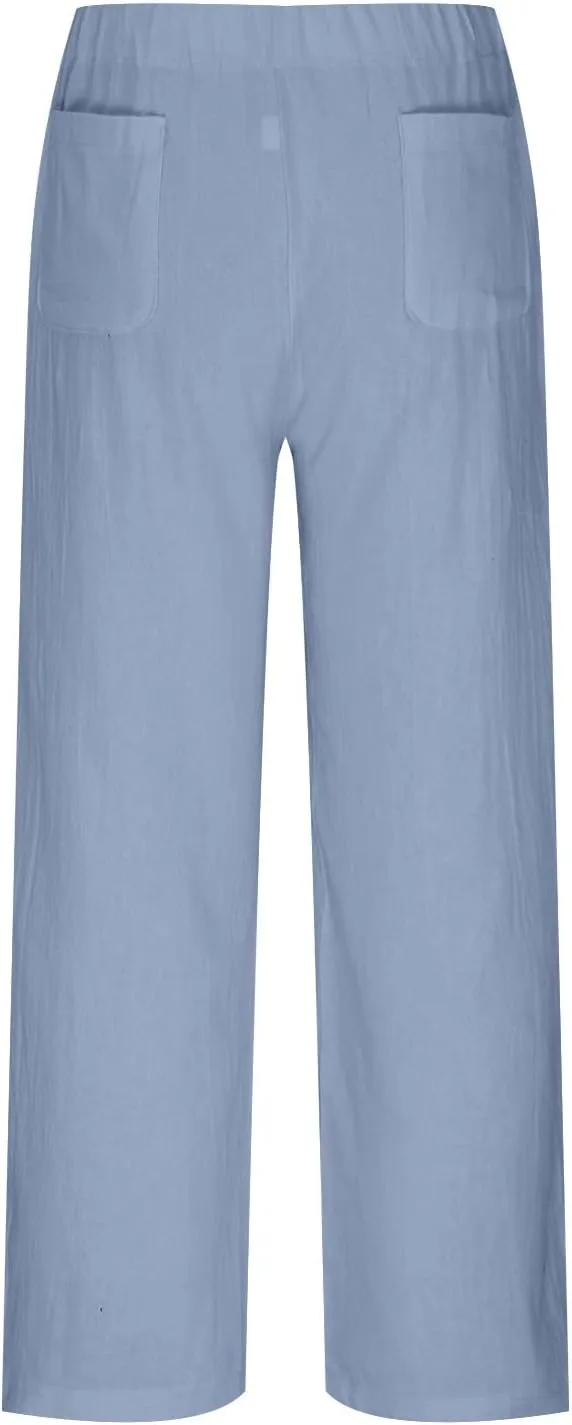 Straight Leg Cotton Linen Pants for Women Versatile Solid Color Relaxed Fit Elastic Waist Trousers Summer Casual