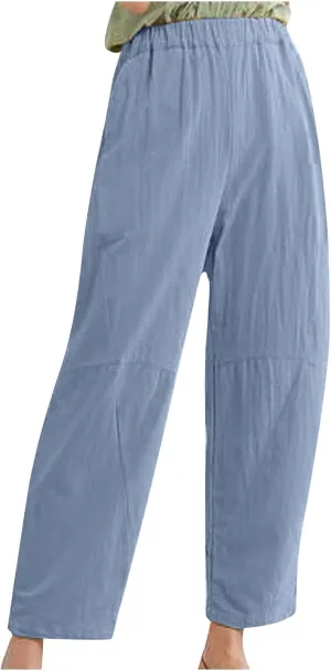 Straight Leg Cotton Linen Pants for Women Versatile Solid Color Relaxed Fit Elastic Waist Trousers Summer Casual