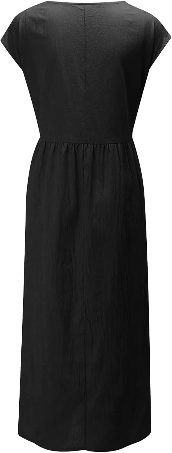Summer Dresses for Women 2025 Plus Size Cotton Linen Beach Dress Casual A-Line Sleeveless Midi Sundress with Pockets