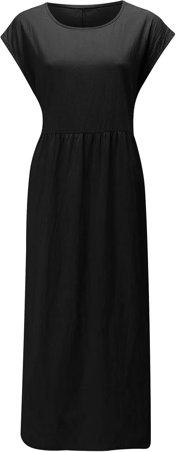 Summer Dresses for Women 2025 Plus Size Cotton Linen Beach Dress Casual A-Line Sleeveless Midi Sundress with Pockets