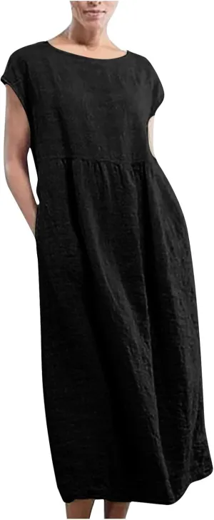 Summer Dresses for Women 2025 Plus Size Cotton Linen Beach Dress Casual A-Line Sleeveless Midi Sundress with Pockets