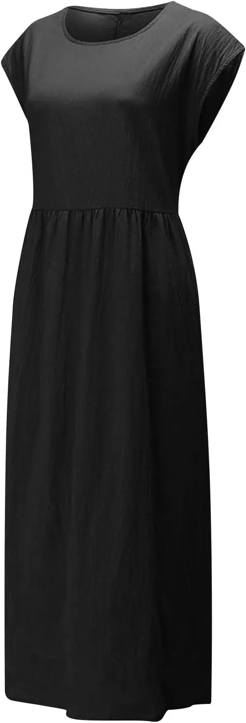 Summer Dresses for Women 2025 Plus Size Cotton Linen Beach Dress Casual A-Line Sleeveless Midi Sundress with Pockets